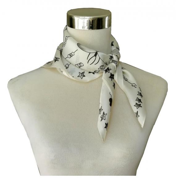 Foulard Shawl Silk Satin Stars White Beige Black Grey